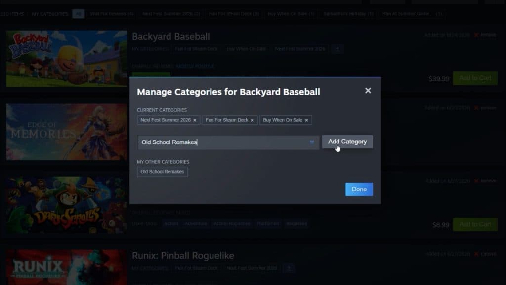 Steam wishlist categories interface
