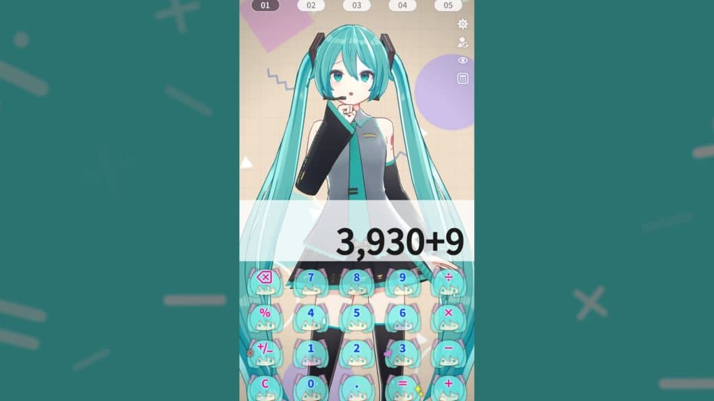 Hatsune Miku calculator interface showing Miku face buttons
