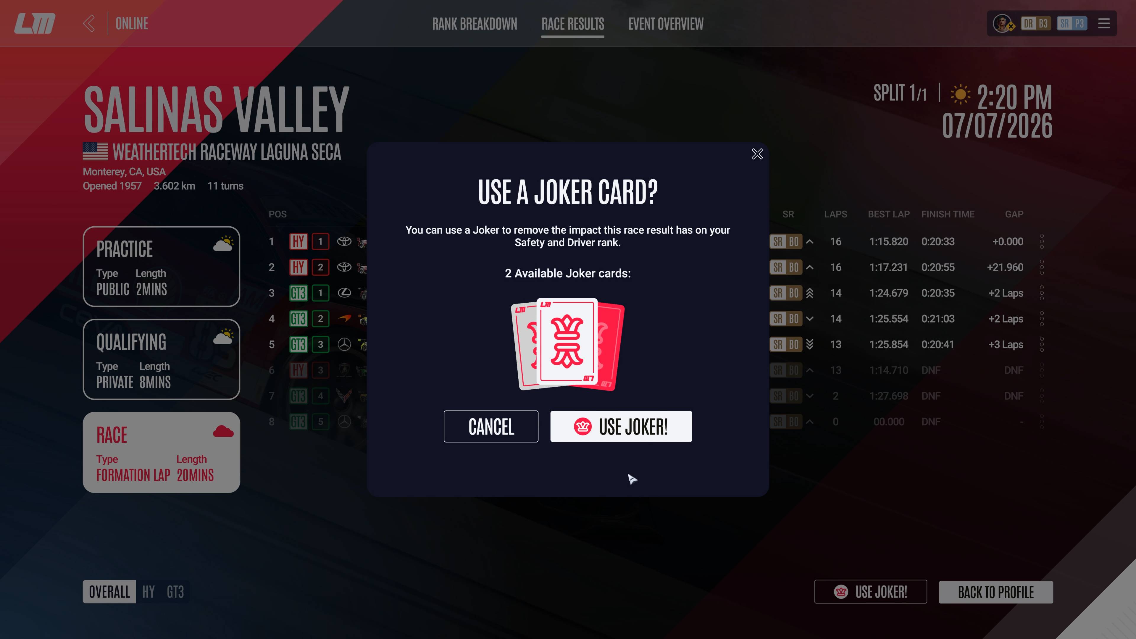 Le Mans Ultimate screenshot showing the Joker system interface