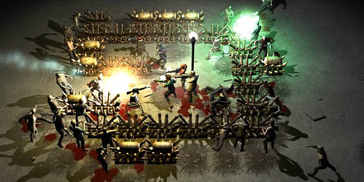 Yet Another Zombie Defense HD gameplay showing base defense and zombie horde