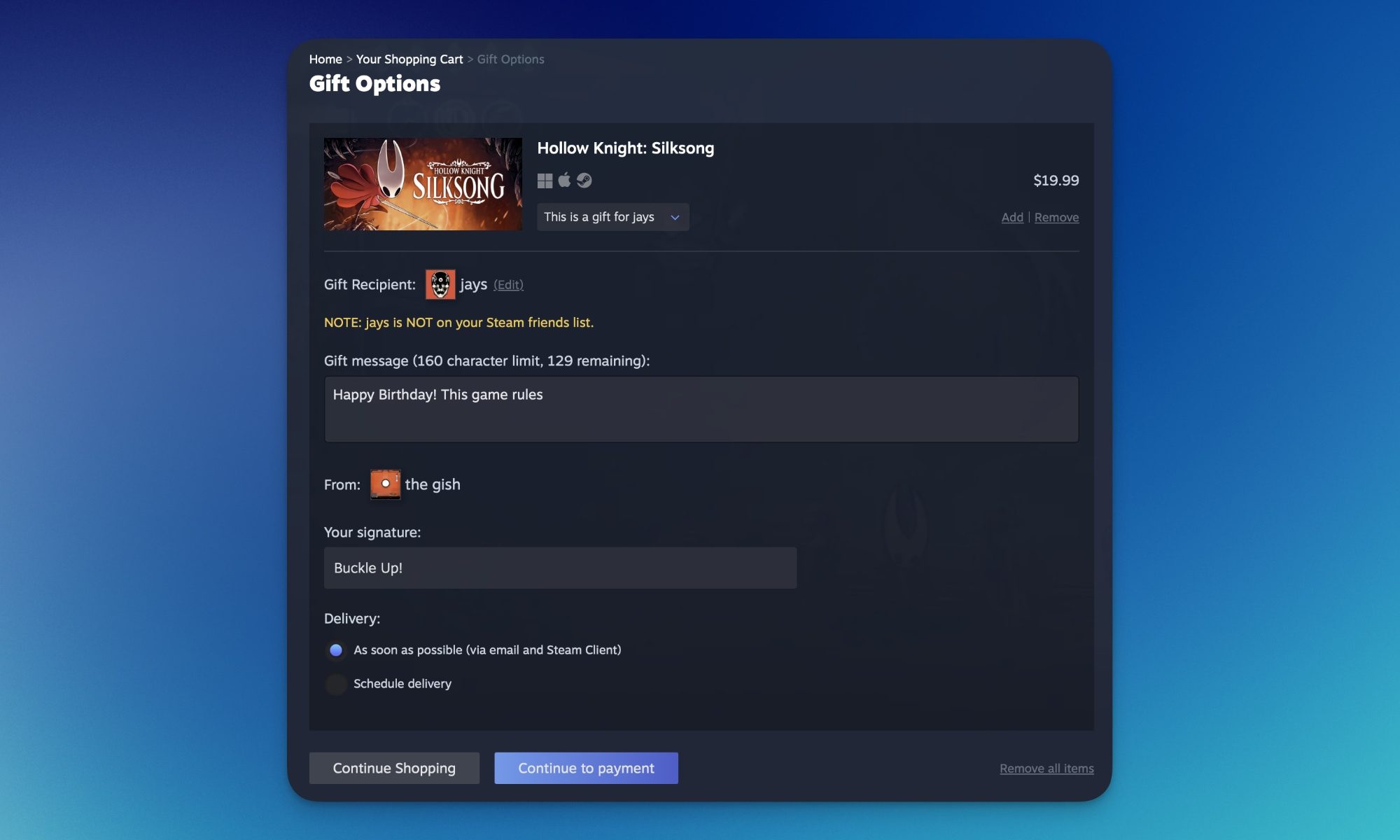 Steam new gift options interface showing guest checkout and email gifting