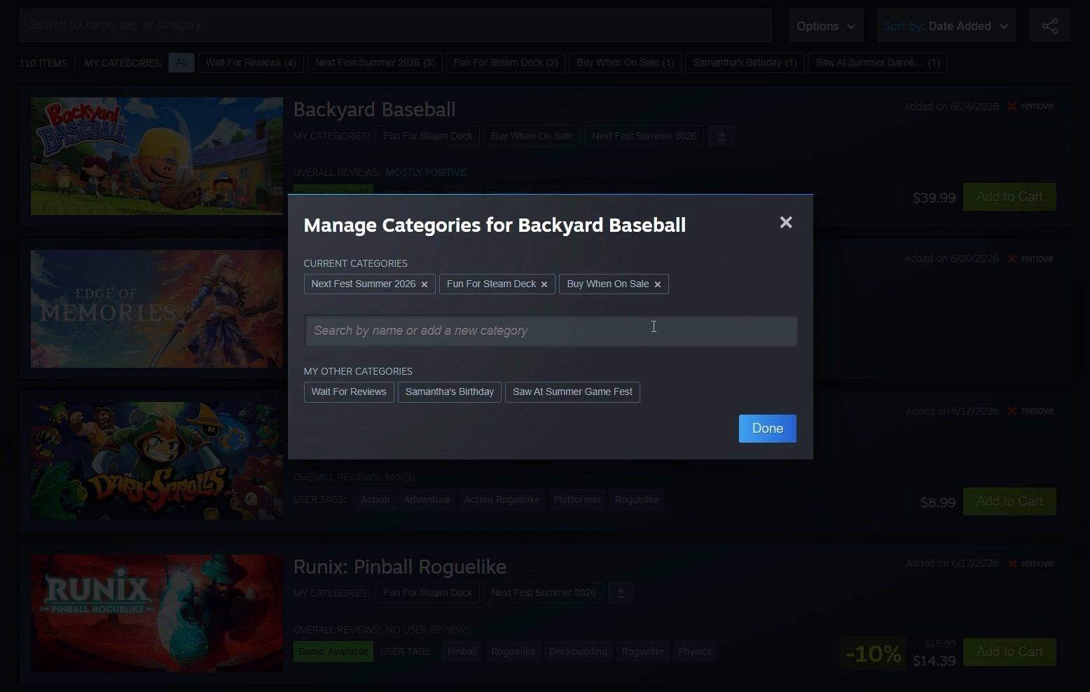 Adding a category to a game on Steam wishlist
