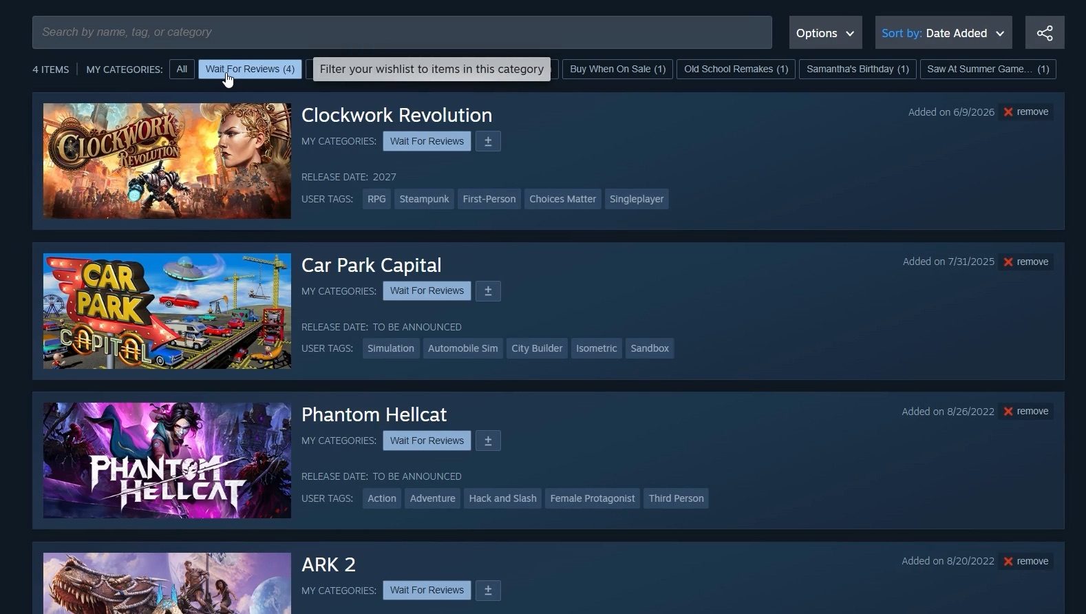 Steam wishlist filtering by custom categories