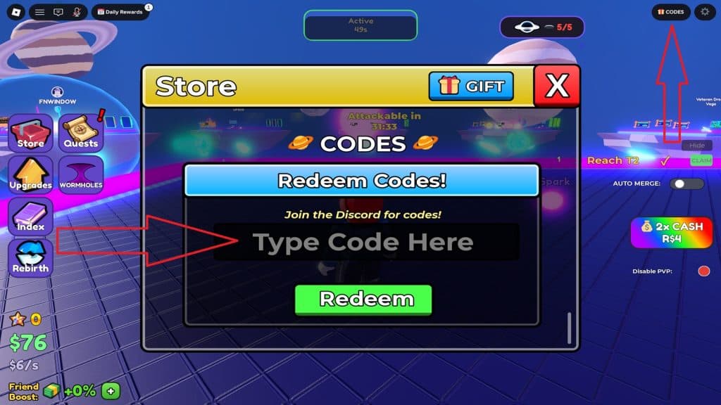 Merge a Black Hole code redemption menu