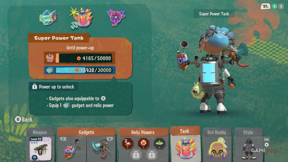 Power Tank selection screen in Splatoon Raiders