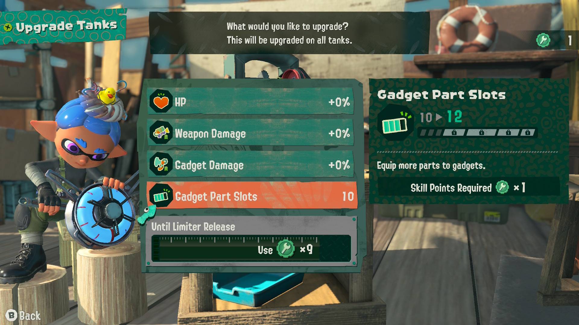 Splatoon Raiders gadget tank selection screen showing available sub-weapon options
