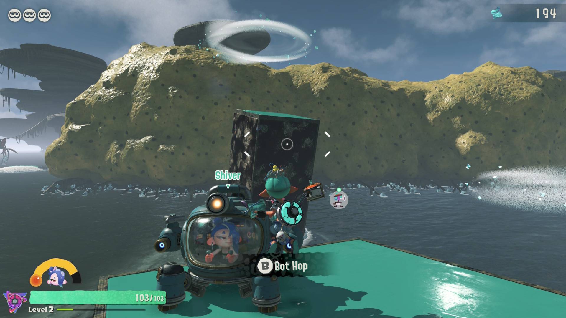 Splatoon Raiders gameplay showing the treasure bot launchpad ability in action during a Salmonid horde encounter