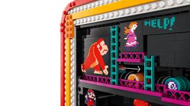 Close-up of the LEGO Donkey Kong cabinet with figures