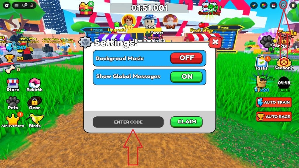 Dog Race code redemption menu